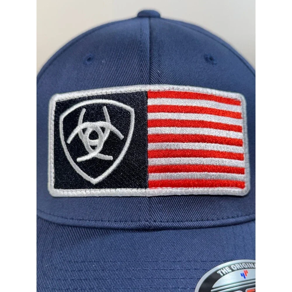 NWT Ariat Flexfit Flag Logo Patch Fitted Hat Cap Outdoors Navy Blue Size‎ L/XL